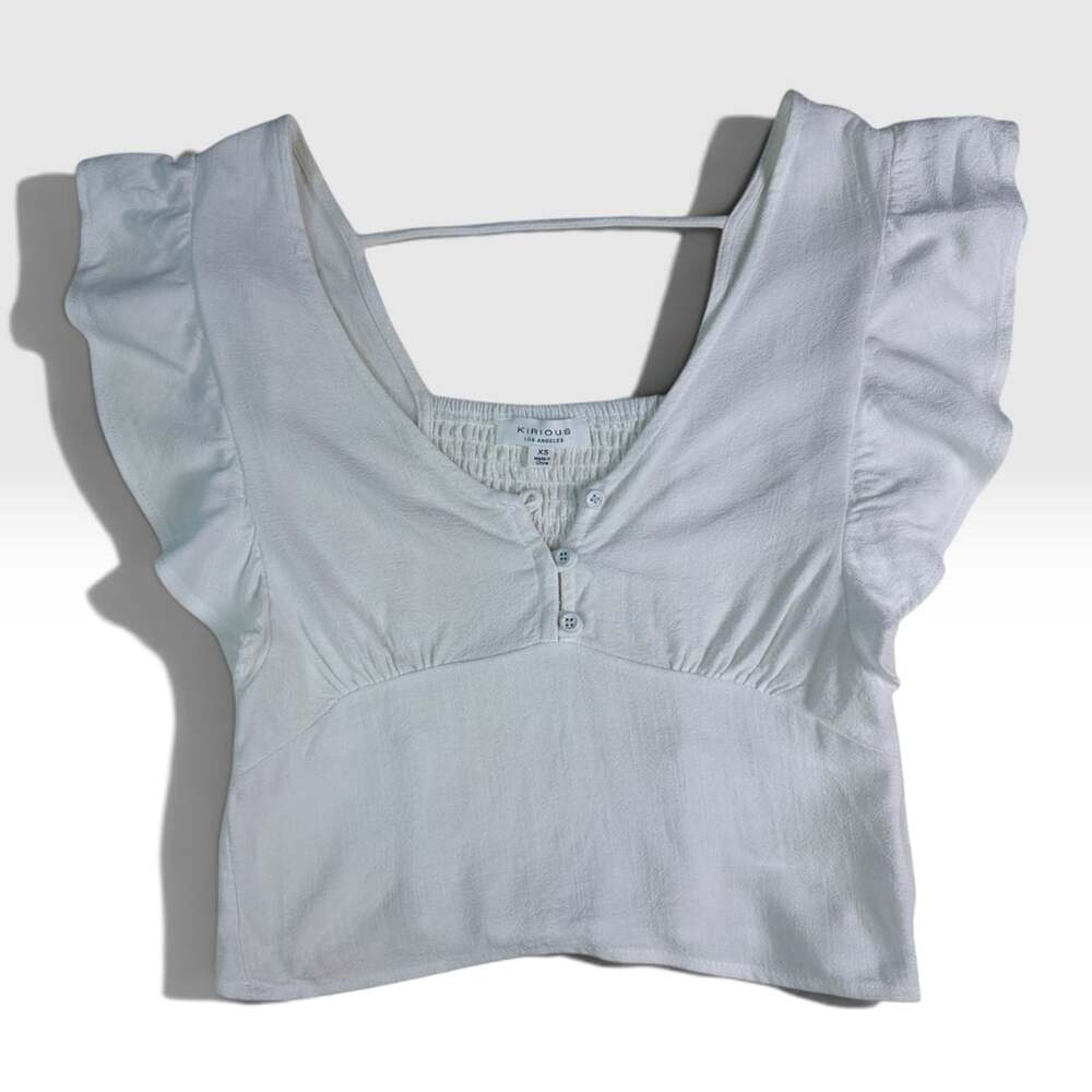 White Linen Blend Crop Top Ruffle Sleeve Smocked Back XS